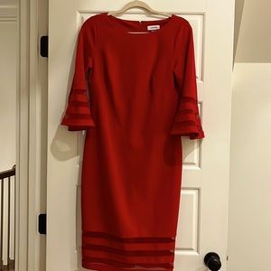 Red Bell Sleeved Dress with Sheer Bands